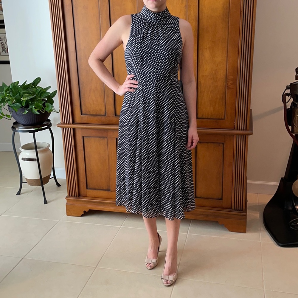 NWT Tommy Hilfiger navy polka dot mock neck midi dress.